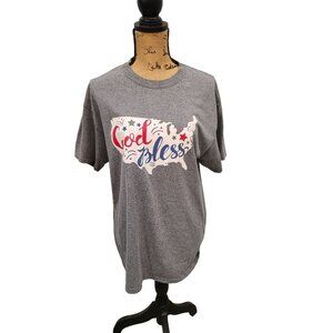 Gildan T Shirt Women's L God Bless Texas Graphic Tee Grey Casual Short Patriotic